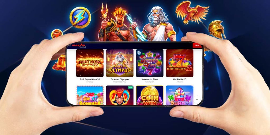 Зображення гри в ігрові автомати на мобільному телефоні через мобільний додаток казино Vulkan