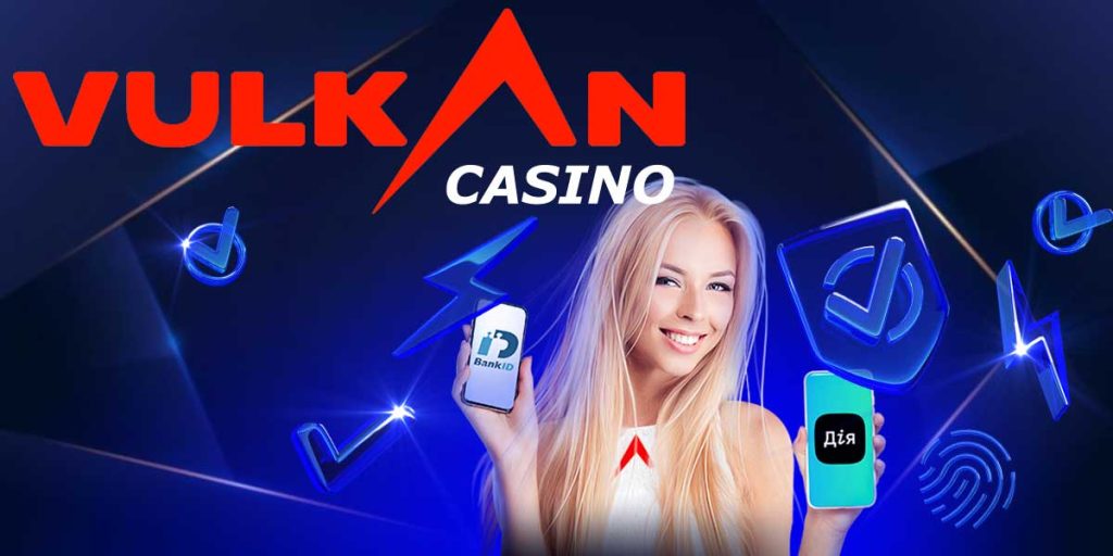 Дівчина демонструє використання мобільного телефону з лого Bank ID та додатком Дія для верифікації акаунту в казино Vulkan